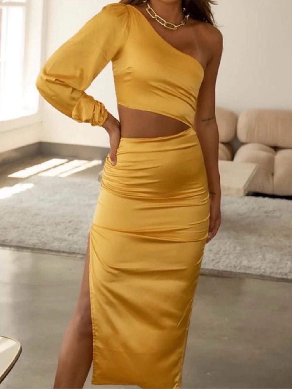 Women's One-Shoulder Cutout Satin Midi Dress - Mustard